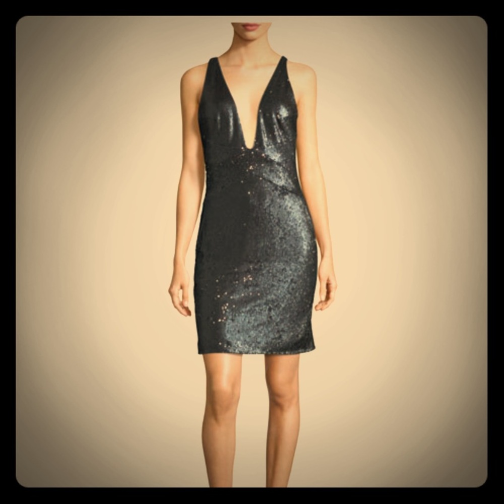 Halston Heritage navy sequin deep plunge dress
